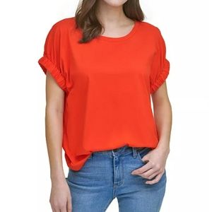 DKNY Cinched Sleeve Elastic Cuff Blouse Top in Navy Blue